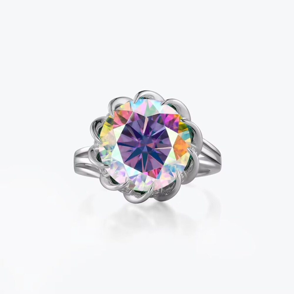 Lotus Bloom – 3/5 Carat Round Moissanite Ring in Platinum-Plated 925 Silver - Image 4